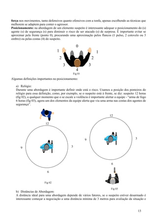 força nos movimentos, tanto defensivos quanto ofensivos com a tonfa, apenas escolhendo as técnicas que
melhorem se adaptem para conter o agressor.
Posicionamento: na abordagem de um elemento suspeito é interessante adequar o posicionamento do (s)
agente (s) de segurança (s) para diminuir o risco de ser atacado (s) de surpresa. É importante evitar se
aproximar pela frente (ponto 0), procurando uma aproximação pelos flancos (1 pulso, 2 cotovelo ou 3
ombro) ou pelas costas (4) do suspeito.

                                                     0
                                   1                                    1
                                       2                            2
                                           3                    3
                                                     4
                                                   Fig 01

Algumas definições importantes no posicionamento:

   a) Relógio:
   Durante uma abordagem é importante definir onde está o risco. Usamos a posição dos ponteiros do
   relógio para essa definição, como, por exemplo, se o suspeito está à frente, se diz: suspeito 12 horas
   (fig 02), a qualquer momento que o se escale a violência é importante alertar a equipe - “arma de fogo
   6 horas (fig 03), agora um dos elementos da equipe alerta que viu uma arma nas costas dos agentes de
   segurança”.


                                                                            12

                          12




                                                            9                                   3

       9                                       3




                                                                             6

                           6


                         Fig 02

                                                                             Fig 03
   b) Distâncias de Abordagem:
   A distância ideal para uma abordagem depende de vários fatores, se o suspeito estiver desarmado é
   interessante começar a negociação a uma distância mínima de 3 metros para avaliação da situação e


                                                                                                    13
 