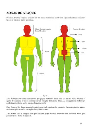 ZONAS DE ATAQUE
Podemos dividir o corpo do oponente em três zonas distintas de acordo com a possibilidade de ocasionar
lesões de maior ou menor gravidade.



                                     Olhos, têmpora, traquéia,                        Posterior do crânio
                                     Frontal do crânio.

                                                                                               Nuca



                                                                                                  Tronco



                                                                                                      Coluna
                                                     Braços
                                                                                                   Rins




                                            Pernas




                                                 Fig 11
Zona Vermelha: Os danos ocasionados por golpes desferidos nessa zona são de alto risco, devendo o
agente de segurança evitar ou somente usar em situações de legítima defesa. As conseqüências podem ser
perda da consciência, lesões graves, choque ou morte.

Zona Amarela: Os danos ocasionados são de gravidade média a alta gravidade. As conseqüências podem
ser hemorragias ou lesões em órgãos da região do tronco.

Zona Verde: Essa é a região ideal para desferir golpes visando imobilizar sem ocasionar danos que
possam levar a morte do agressor.



                                                                                                 16
 