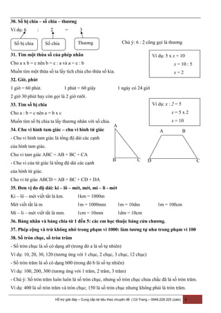30. Số bị chia – số chia – thương
Ví dụ: 6 : 2 = 3
31. Tìm một thừa số của phép nhân
Cho a x b = c nên b = c : a và a = c : b
Muốn tìm một thừa số ta lấy tích chia cho thừa số kia.
32. Giờ, phút
1 giờ = 60 phút. 1 phút = 60 giây 1 ngày có 24 giờ
2 giờ 30 phút hay còn gọi là 2 giờ rưỡi.
33. Tìm số bị chia
Cho a : b = c nên a = b x c
Muốn tìm số bị chia ta lấy thương nhân với số chia.
34. Chu vi hình tam giác – chu vi hình tứ giác
- Chu vi hình tam giác là tổng độ dài các cạnh
của hình tam giác.
Chu vi tam giác ABC = AB + BC + CA
- Chu vi của tứ giác là tổng độ dài các cạnh
của hình tứ giác.
Chu vi tứ giác ABCD = AB + BC + CD + DA
35. Đơn vị đo độ dài: ki – lô – mét, mét, mi – li - mét
Ki – lô – mét viết tắt là km. 1km = 1000m
Mét viết tắt là m 1m = 1000mm 1m = 10dm 1m = 100cm
Mi – li – mét viết tắt là mm. 1cm = 10mm 1dm = 10cm
36. Bảng nhân và bảng chia từ 1 đến 5: các em học thuộc bảng cửu chương.
37. Phép cộng và trừ không nhớ trong phạm vi 1000: làm tương tự như trong phạm vi 100
38. Số tròn chục, số tròn trăm
- Số tròn chục là số có dạng a0 (trong đó a là số tự nhiên)
Ví dụ: 10, 20, 30, 120 (tương ứng với 1 chục, 2 chục, 3 chục, 12 chục)
- Số tròn trăm là số có dạng b00 (trong đó b là số tự nhiên)
Ví dụ: 100, 200, 300 (tương ứng với 1 trăm, 2 trăm, 3 trăm)
- Chú ý: Số tròn trăm luôn luôn là số tròn chục, nhưng số tròn chục chưa chắc đã là số tròn trăm.
Ví dụ: 400 là số tròn trăm và tròn chục; 150 là số tròn chục nhưng không phải là tròn trăm.
Hỗ trợ giải đáp – Cung cấp tài liệu theo chuyên đề | Cô Trang – 0948.228.325 (zalo) 6
Số bị chia Số chia Thương Chú ý: 6 : 2 cũng gọi là thương
Ví dụ: 5 x x = 10
x = 10 : 5
x = 2
Ví dụ: x : 2 = 5
x = 5 x 2
x = 10
A
B C D C
BA
 