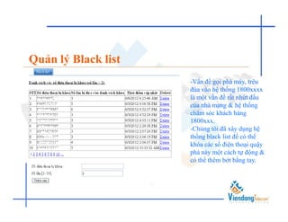 Quản lý Black list
                     -Vấn đề gọi phá máy, trêu
                     đùa vào hệ thống 1800xxxx
                     là một vấn đề rất nhứt đầu
                     của nhà mạng & hệ thống
                     chăm sóc khách hàng
                     1800xxx.
                     -Chúng tôi đã xây dụng hệ
                     thống black list để có thể
                     khóa các số điện thoại quậy
                     phá này một cách tự động &
                     có thể thêm bớt bằng tay.
 
