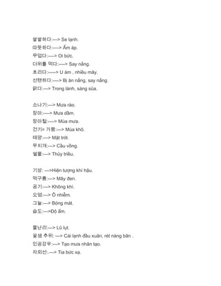 쌀쌀하다:---> Se lạnh.
따뜻하다:----> Ấm áp.
무덥다:----> Oi bức.
더위를 먹다:----> Say nắng.
흐리다:-----> U ám , nhiều mây.
선탠하다:----> Bị ăn nắng, say nắng.
맑다:---> Trong lành, sáng sủa.
소나기:---> Mưa rào.
장마:----> Mưa dầm.
장마철:----> Mùa mưa.
건기= 가뭄:---> Mùa khô.
태양:---> Mặt trời.
무지개:---> Cầu vồng.
썰물:---> Thủy triều.
기상: --->Hiện tượng khí hậu.
먹구름:---> Mây đen.
공기:---> Không khí.
오염:---> Ô nhiễm.
그늘:---> Bóng mát.
습도:--->Độ ẩm.
물난리:---> Lũ lụt.
꽃샘 추위: ---> Cái lạnh đầu xuân, rét nàng bân .
인공강우:---> Tạo mưa nhân tạo.
자외선:.---> Tia bức xạ.
 