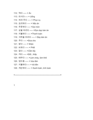 112 : 먹다 ----- ▶ Ăn
113 : 마시다----- ▶ Uống
114 : 차려 주다 ----- ▶ Phục vụ
115 : 요리하다 ----- ▶ Nấu ăn
116 : 주문하다 ----- ▶Gọi món
117 : 상을 차리다 ----- ▶Dọn dẹp bàn ăn
118 : 지불하다 ----- ▶Thanh toán
119 : 식탁을 차리다 ----- ▶ Bày băn ăn
120 : 주다 ----- ▶Đưa cho
121 : 받다 ----- ▶ Nhận
122 : 바르다 ----- ▶ Phết
123 : 잡다 ----- ▶Cầm lấy
124 : 켜다 ----- ▶Đốt , thắp
125 : 태우다 ----- ▶Làm cháy, làm khê
126 : 영수증 ----- ▶ hóa đơn
127 : 지불하다----- ▶ trả tiền
128 : 계산하다 ----- ▶ thanh toán ,tính toán
▶---------------------------------------------------------------------▶
1
 