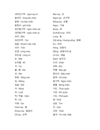 새끼손가락 : ngón tay út
발바닥 : lòng bàn chân
발등 : mu bàn chân
발꿈치 : gót chân
엄지발가락 : ngón chân cái
새끼발가락 : ngón chân út
머리 : Đầu
머리카락 : Tóc
얼굴 : Khuôn mặt, mặt
이마 : Trán
순썹 : Lông mày
속눈썹 : Lông mi
눈 : Mắt
눈꺼풀 : Mí
귀 : Tai
볼 / 뺨 : Má
코 : Mũi
콧등 : Sống mũi
입 : Miệng
입술 : Môi
이 : Răng
혀 : Lưỡi
턱 / 턱끝 : Cằm
목 : Cổ
어깨 : Vai
Cánh tay : 팔
Khuỷu tay : 팔끔치
Cổ tay : 손목
Bàn tay : 손
Ngón tay : 손가락
Móng tay : 손톱
Ngực : 가슴
Bụng : 배
Eo/thắt lưng : 허리
Lưng : 등
Cột sống / Xương sống : 등뼈
Eo : 허리
Hông : 궁둥이
Mông : 궁둥이의 살
Lỗ rốn : 배꼽
Nách: 옆구리
다리 : Chân
대퇴 : Đùi
무릎 : Đầu gối
종아리 : Bắp chân
발목 : Cổ chân
발가락 : Ngón chân
발톱 : Móng chân
식도 : Thực quản
기관 : Khí quản
기도 : Phế quản
폐 : Phổi
심장 : Tim
간 : Gan
신장 : Thận
쓸개 : Túi mật / Mật
 