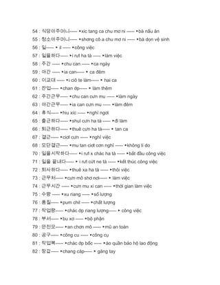 54 : 식당아주머니----- ▶xic tang ca chu mơ ni ----- ▶bà nấu ăn
55 : 청소아주머니----- ▶shơng cô a chu mơ ni ----- ▶bà dọn vệ sinh
56 : 일----- ▶ il ----- ▶công việc
57 : 일을하다----- ▶i rưl ha tà ----- ▶làm việc
58 : 주간 ----- ▶chu can ----- ▶ca ngày
59 : 야간 ----- ▶ia can----- ▶ ca đêm
60 : 이교대 ----- ▶i ciô te làm----- ▶ hai ca
61 : 잔업----- ▶chan ớp----- ▶ làm thêm
62 : 주간근무----- ▶chu can cưn mu ----- ▶làm ngày
63 : 야간근무----- ▶ia can cưn mu ----- ▶làm đêm
64 : 휴식----- ▶hiu xíc ----- ▶nghỉ ngơi
65 : 출근하다----- ▶shul cưn ha tà ----- ▶đi làm
66 : 퇴근하다----- ▶thuê cưn ha tà----- ▶ tan ca
67 : 결근----- ▶ciơl cưn ----- ▶nghỉ việc
68 : 모단결근----- ▶mu tan ciơl cơn nghỉ ----- ▶không lí do
70 : 일을시작하다----- ▶i rưl x chác ha tà ----- ▶bắt đầu công việc
71 : 일을 끝내다----- ▶ i rưl cứt ne tà ----- ▶kết thúc công việc
72 : 퇴사하다----- ▶thuê xa ha tà ----- ▶thôi việc
73 : 근무처----- ▶cưn mô shơ nơi----- ▶ làm việc
74 : 근무시간 ----- ▶cưn mu xi can ----- ▶thời gian làm việc
75 : 수량 ----- ▶xu riang ----- ▶số lượng
76 : 품질----- ▶pum chil ----- ▶chất lượng
77 : 작업량----- ▶chác ớp riang lượng----- ▶ công việc
78 : 부서----- ▶bu xơ ----- ▶bộ phận
79 : 안전모----- ▶an chơn mô ----- ▶mũ an toàn
80 : 공구----- ▶công cu ----- ▶công cụ
81 : 작업복----- ▶chác ớp bốc ----- ▶áo quần bảo hộ lao động
82 : 장갑----- ▶chang cáp----- ▶ găng tay
 