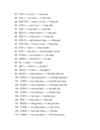 83 : 기계----- ▶ci ciê----- ▶ máy móc
84 : 미싱 ----- ▶mi xing----- ▶ máy may
85 : 섬유기계----- ▶xơm iu ci cie ----- ▶máy dệt
86 : 프레스----- ▶pư re xừ ----- ▶máy dập
87 : 선반----- ▶xơm ban----- ▶ máy tiện
88 : 용접기----- ▶iông chơp ci----- ▶ máy hàn
89 : 재단기----- ▶che tan ci ----- ▶máy cắt
90 : 포장기----- ▶pô chang ci máy----- ▶ đóng gói
91 : 자주기계----- ▶cha xu ci cê----- ▶máy thêu
92 : 라인----- ▶la in----- ▶ dây chuyền
93 : 트럭----- ▶thu rớc ----- ▶xe chở hàng / xe tải
94 : 지게차----- ▶chi cê sha----- ▶ xe nâng
95 : 크레인----- ▶khư lê in----- ▶ xe cẩu
96 : 반----- ▶ban ----- ▶chuyền
97 : 일반----- ▶il ban----- ▶ chuyền 1
98 : 검사반----- ▶i ban ----- ▶chuyền 2
99 : 검사번----- ▶cơm xa ban----- ▶ bộ phận kiểm tra
100 : 포장반----- ▶pô chang ban----- ▶ bộ phận đóng gói
101 : 가공반----- ▶ca công ban----- ▶ bộ phận gia công
102 : 완성반----- ▶oan xơng ban ----- ▶bộ phận hoàn tất
103 : 재단반----- ▶che tan ban----- ▶ bộ phận cắt
104 : 미싱반----- ▶mi xing ban----- ▶ chuyền may
105 : 미싱사----- ▶mi xing ----- ▶xa thợ may
106 : 목공----- ▶mốc công ----- ▶thợ mộc
107 : 용접공----- ▶iông chớp----- ▶ công thợ han
108 : 기계공----- ▶ci ciêng công----- ▶ thợ cơ khí
109 : 선반공----- ▶xơn ban công----- ▶ thợ tiện
110 : 기능공----- ▶ci nưng công----- ▶ thợ (nói chung )
 