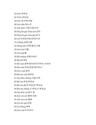 23.Chú:숙부님
24.Thím:숙모님
25.Con rể:사위/서방
26.Con dâu:며느리
27.Gia đình:가족/가정/식구
28.Ông bà gọi Cháu trai:손자
29.Ông bà gọi cháu gái:손녀
30.Vợ:아내/와이프/처/마누라
31.Chồng:남편/신랑
32.Hàng xóm:이웃/동네 사람
33.Con trai:아들
34.Con gái:딸
35.Bố dượng:의붓아버지
36.Mẹ kế:계모
37.Bố nuôi:양부/양아버지/키우는 아버지
38.Mẹ nuôi:의모/양모/양어머니
39.Con nuôi:양자
40.Bố mẹ nuôi:양부모
41.Gia đình chồng:시집/시댁
42.Bố mẹ:부모/부모님
43.Bố mẹ đẻ:친 부모/친 부모님
44.Bố mẹ chồng:시 부모/시 부모님
45.Gia đình vợ:외가 집
46.Anh chị em:형제 자매
47.Anh em trai:형제
48.Chị em gái:자매
49.Vợ chồng:부부
50.Con cái:자식/자녀
 