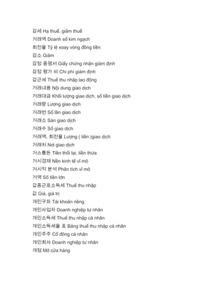 감세 Hạ thuế, giảm thuế
거래액 Doanh số kim ngạch
회전율 Tỷ lệ xoay vòng đồng tiền
감소 Giảm
감정 증명서 Giấy chứng nhận giám định
감정 평가 비 Chi phí giám định
갑근세 Thuế thu nhập lao động
거래내용 Nội dung giao dịch
거래대금 Khối lượng giao dịch, số tiền giao dịch
거래량 Lượng giao dịch
거래번 Số lần giao dịch
거래소 Sàn giao dịch
거래수 Số giao dịch
거래액, 회전율 Lượng ( tiền )giao dịch
거래처 Nơi giao dịch
거스름돈 Tiền thối lại, tiền thừa
거시경제 Nền kinh tế vĩ mô
거시적 분석 Phân tích vĩ mô
거액 Số tiền lớn
갑종근로소득세 Thuế thu nhập
값 Giá, giá trị
개인구좌 Tài khoản riêng
개인사업자 Doanh nghiệp tư nhân
개인소득세 Thuế thu nhập cá nhân
개인소득세율 표 Bảng thuế thu nhập cá nhân
개인주주 Cổ đông cá nhân
개인회사 Doanh nghiệp tư nhân
개점 Mở cửa hàng
 