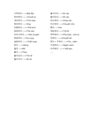 시작하다: ---->Bắt đầu
준비하다: ----->Chuẩn bị
계산하다; ---->Tính toán
회의하다: ---->Họp
비평하다: ----> Phê bình
잡담하다: ---->Tán dóc
이야기하다: ---->Nói chuyện
희망하다: --->Hy vọng
실망하다: ----->Thất vọng
닫다 : ---->Đóng
열다: --->Mở
풀다: --->Tháo
돌아오다:---->Trở về
돌아가다: ---->Đi về
들어가다: ---->Đi vào
들어오다; ---->Đi vào
인사하다: ---->Chào hỏi
이사하다: ---->Chuyển nhà
묻다: --->Hỏi
대답하다: ---->Trả lời
부탁하다: ---->Phó thác , nhờ vả
전하다: ----->Chuyển lời
찾다 = 구하다: ---->Tìm , kiếm
구경하다; ---->Ngắm cảnh
사귀하다 : -----> Kết bạn .
......
 