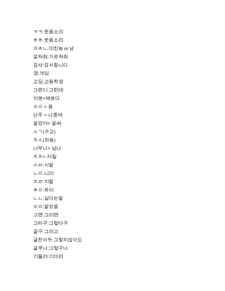ㅋㅋ:웃음소리
ㅎㅎ:웃음소리
ㅁㅊㄴ:미친놈 or 남
갈쳐줘:가르쳐줘
감샤:감사합니다
겜:게임
고딩:고등학생
그란디:그런데
이뽀=예쁘다
ㅇㅇ = 응
난주 = 나중에
알았어= 알써
ㅅㄱ(수고)
ㅈㅅ(죄송)
너무나= 넘나
ㅈㅈ= 저질
ㅅㅂ:시발
ㄴㅁ:니미
ㅈㄹ:지랄
ㅎㅇ:하이
ㄴㄴ:싫다는말
ㅇㅇ:알았음
그면:그러면
그타구:그렇다구
글구:그리고
글찬아두:그렇지않아도
글쿠나:그렇구나
기둘려:기다려
 