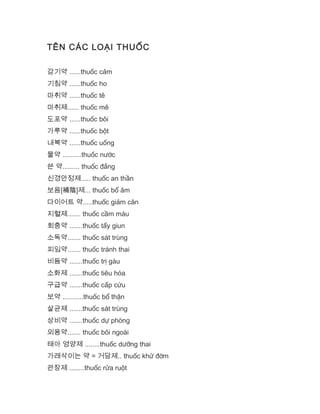 TÊN CÁC LOẠI THUỐC
감기약 ......thuốc cảm
기침약 ......thuốc ho
마취약 ......thuốc tê
마취제...... thuốc mê
도포약 ......thuốc bôi
가루약 ......thuốc bột
내복약 ......thuốc uống
물약 ..........thuốc nước
쓴 약......... thuốc đắng
신경안정제..... thuốc an thần
보음[補陰]제... thuốc bổ âm
다이어트 약.....thuốc giảm cân
지혈제....... thuốc cầm máu
회충약 .......thuốc tẩy giun
소독약....... thuốc sát trùng
피임약....... thuốc tránh thai
비듬약 .......thuốc trị gàu
소화제 .......thuốc tiêu hóa
구급약 .......thuốc cấp cứu
보약 ...........thuốc bổ thận
살균제 .......thuốc sát trùng
상비약 .......thuốc dự phòng
외용약....... thuốc bôi ngoài
태아 영양제 ........thuốc dưỡng thai
가래삭이는 약 = 거담제.. thuốc khử đờm
관장제 ........thuốc rửa ruột
 