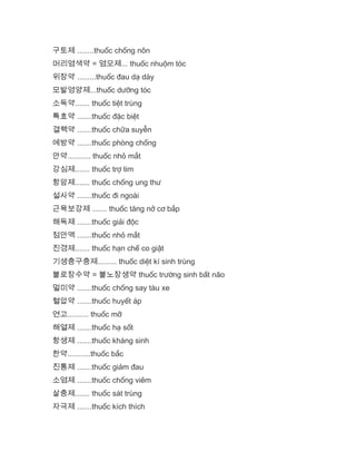 구토제 ........thuốc chống nôn
머리염색약 = 염모제... thuốc nhuộm tóc
위장약 .........thuốc đau dạ dày
모발영양제...thuốc dưỡng tóc
소독약....... thuốc tiệt trùng
특효약 .......thuốc đặc biệt
결핵약 .......thuốc chữa suyễn
예방약 .......thuốc phòng chống
안약........... thuốc nhỏ mắt
강심제....... thuốc trợ tim
항암제....... thuốc chống ung thư
설사약 .......thuốc đi ngoài
근육보강제 ....... thuốc tăng nở cơ bắp
해독제 .......thuốc giải độc
점안액 .......thuốc nhỏ mắt
진경제....... thuốc hạn chế co giật
기생충구충제......... thuốc diệt kí sinh trùng
불로장수약 = 불노장생약 thuốc trường sinh bất não
멀미약 .......thuốc chống say tàu xe
혈압약 .......thuốc huyết áp
연고.......... thuốc mỡ
해열제 .......thuốc hạ sốt
항생제 .......thuốc kháng sinh
한약...........thuốc bắc
진통제 .......thuốc giảm đau
소염제 .......thuốc chống viêm
살충제....... thuốc sát trùng
자극제 .......thuốc kích thích
 