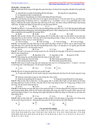 Toàn tập trắc nghiệm vật lý 12
- 14 -
Đề thi ĐH – CĐ năm 2010
Câu 48. Điều kiện để hai sóng cơ khi gặp nhau, giao thoa được với nhau là hai sóng phải xuất phát từ hai nguồn dao
động
A. cùng biên độ và có hiệu số pha không đổi theo thời gian. B. cùng tần số, cùng phương.
C. có cùng pha ban đầu và cùng biên độ.
D. cùng tần số, cùng phương và có hiệu số pha không đổi theo thời gian.
Câu 49. Ở mặt thoáng của một chất lỏng có hai nguồn sóng kết hợp A và B cách nhau 20 cm, dao động theo
phương thẳng đứng với phương trình uA = 2cos40πt và uB = 2cos(40πt + π) (uA và uB tính bằng mm, t tính
bằng s). Biết tốc độ truyền sóng trên mặt chất lỏng là 30 cm/s. Xét hình vuông AMNB thuộc mặt thoáng
chất lỏng. Số điểm dao động với biên độ cực đại trên đoạn BM là
A. 19. B. 18. C. 17. D. 20.
Câu 50. Ba điểm O, A, B cùng nằm trên một nửa đường thẳng xuất phát từ O. Tại O đặt một nguồn điểm phát
sóng âm đẳng hướng ra không gian, môi trường không hấp thụ âm. Mức cường độ âm tại A là 60 dB, tại B là 20 dB.
Mức cường độ âm tại trung điểm M của đoạn AB là
A. 40 dB. B. 34 dB. C. 26 dB. D. 17 dB.
Câu 51. Một sợi dây AB dài 100 cm căng ngang, đầu B cố định, đầu A gắn với một nhánh của âm thoa dao
động điều hòa với tần số 40 Hz. Trên dây AB có một sóng dừng ổn định, A được coi là nút sóng. Tốc độ truyền
sóng trên dây là 20 m/s. Kể cả A và B, trên dây có
A. 5 nút và 4 bụng. B. 3 nút và 2 bụng. C. 9 nút và 8 bụng. D. 7 nút và 6 bụng.
Câu 52. Tại một điểm trên mặt chất lỏng có một nguồn dao động với tần số 120 Hz, tạo ra sóng ổn định trên
mặt chất lỏng. Xét 5 gợn lồi liên tiếp trên một phương truyền sóng, ở về một phía so với nguồn, gợn thứ nhất
cách gợn thứ năm 0,5 m. Tốc độ truyền sóng là
A. 30 m/s. B. 15 m/s. C. 12 m/s. D. 25 m/s.
Câu 53. Tại một vị trí trong môi trường truyền âm, khi cường độ âm tăng gấp 10 lần giá trị cường độ âm ban
đầu thì mức cường độ âm
A. giảm đi 10 B. B. tăng thêm 10 B. C. tăng thêm 10 dB. D. giảm đi 10 dB.
Câu 54. Hiện tượng nào sau đây khẳng định ánh sáng có tính chất sóng?
A. Hiện tượng giao thoa ánh sáng. B. Hiện tượng quang điện ngoài.
C. Hiện tượng quang điện trong. D. Hiện tượng quang phát quang.
Câu 55. Một sóng cơ truyền trong một môi trường dọc theo trục Ox với phương trình u = 5cos(6t - x) (cm)
(x tính bằng mét, t tính bằng giây). Tốc độ truyền sóng bằng
A.
1
6
m/s. B. 3 m/s. C. 6 m/s. D.
1
3
m/s.
Câu 56. Khi nói về sóng âm, phát biểu nào sau đây là sai?
A. Ở cùng một nhiệt độ, tốc độ truyền sóng âm trong không khí nhỏ hơn tốc độ truyền sóng âm trong
nước.
B. Sóng âm truyền được trong các môi trường rắn, lỏng và khí.
C. Sóng âm trong không khí là sóng dọc. D. Sóng âm trong không khí là sóng ngang.
Câu 57. Một sợi dây AB có chiều dài 1 m căng ngang, đầu A cố định, đầu B gắn với một nhánh của âm thoa
dao động điều hoà với tần số 20 Hz. Trên dây AB có một sóng dừng ổn định với 4 bụng sóng, B được coi là
nút sóng. Tốc độ truyền sóng trên dây là
A. 50 m/s. B. 2 cm/s. C. 10 m/s. D. 2,5 cm/s.
Câu 58. Ở mặt thoáng của một chất lỏng có hai nguồn kết hợp A và B dao động đều hòa cùng pha với nhau và
theo phương thẳng đứng. Biết tốc độ truyền sóng không đổi trong quá trình lan truyền, bước sóng do mỗi
nguồn trên phát ra bằng 12 cm. Khoảng cách ngắn nhất giữa hai điểm dao động với biên độ cực đại nằm trên
đoạn thẳng AB là
A. 9 cm. B. 12 cm. C. 6 cm. D. 3 cm.
Câu 59. Một sợi dây chiều dài  căng ngang, hai đầu cố định. Trên dây đang có sóng dừng với n bụng sóng,
tốc độ truyền sóng trên dây là v. Khoảng thời gian giữa hai lần liên tiếp sợi dây duỗi thẳng là
A.
v
.
n
B.
nv

. C.
2nv

. D.
nv

.
Các câu hỏi trắc nghiệm
1 B. 2 D. 3 B. 4 A. 5 A. 6 A. 7 C. 8 C. 9 A. 10 B. 11 A. 12 A. 13 D.14 D. 15 C. 16 C. 17 B. 18 A. 19 B. 20 D.
21 D. 22 D. 23 D. 24 B. 25 A. 26 C. 27 B. 28 C. 29 C. 30 D. 31 C. 32 A. 33 C. 34 D. 35 B. 36 C. 37 D. 38 B.
39 B. 40 B. 41 B. 42 A. 43 D. 44. D. 45. B. 46. C. 47. B. 48. D. 49. A. 50. C. 51. A. 52. B. 53. C. 54. A. 55. C.
56. D. 57. C. 58. C. 59. D.
Generated by Foxit PDF Creator © Foxit Software
http://www.foxitsoftware.com For evaluation only.
 