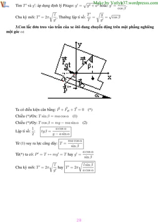 Phương pháp giải toán Vật Lý 12

Trường THPT - Phong Điền

g
Make by Vatlyk37.wordpresss.com

g 2 + a2 hoăc: g =

Tìm T và g : áp dụng định lý Pitago: g =
Chu kỳ mới: T = 2π

T
l
=
. Thường lập tỉ số:
g
T

cos β

.

√
g
= cos β
g

3.Con lắc đơn treo vào trần của xe ôtô đang chuyển động trên mặt phẳng nghiêng
một góc α:

Ta có điều kiện cân bằng: P + Fqt + T = 0
Chiếu (*)/Ox: T sin β = ma cos α

(1)

Chiếu (*)/Oy: T cos β = mg − ma sin α
1
a cos α
Lập tỉ số: :
tgβ =
2
g − a sin α
Từ (1) suy ra lực căng dây: T =

(2)

ma cos α
sin β

Từ(*) ta có: P = T ↔ mg = T hay g =
Chu kỳ mới: T = 2π

(*)

l
hay T = 2π
g

a cos α
sin β
l sin β
a cos α

28
Th.s Trần AnhTrung

28

Luyện thi đại học

 