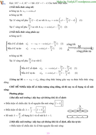 Phương pháp giải toán Vật Lý 12

Trường THPT - Phong Điền

Make by Vatlyk37.wordpresss.com

Gọi: MC = d, AC = l thì AM = l − d. Các bước thực hiện:
1.Viết biểu thức sóng tới:
• Sóng tại A: uA = a sin ωt
• Sóng tại M:

2π
2π
(l − d) so với A uM = a sin ωt −
(l − d)
λ
λ
2π
2π
Tại C sóng trể pha
l so với A uC = a sin(ωt −
l) (2)
λ
λ
2.Viết biểu thức sóng phản xạ:
Tại M sóng trể pha

(1)

• Sóng tại C:


Nếu ở C cố định
Nếu ở C tự do


2π
= −uC = −a sin(ωt − l) (3)
λ
2π
l)
(4)
= uC = a sin(ωt −
λ

uC
uC

• Sóng tại M:
Tại M sóng trể pha

2π
d so với C:
λ



Nếu ở C cố định uM
Nếu ở C tự do


uM

2π
2π
l − d)
= −a sin(ωt −
λ
λ
2π
2π
d)
= a sin(ωt − l −
λ
λ

(5)
(6)

3.Sóng tại M: u = uM + uM , dùng công thức lượng giác suy ra được biểu thức sóng
dừng.
CHỦ ĐỀ 9.Điều kiện để có hiện tượng sóng dừng, từ đó suy ra số bụng và số nút
sóng:
Phương pháp:
1.Hai đầu môi trường ( dây hay cột không khí) là cố định:
+ Điều kiện về chiều dài: là số nguyên lần múi sóng: l = k
+ Điều kiện về tần số: λ =
+ Số múi: k =

λ
2

V
V
→ f =k
f
2l

2l
, số bụng là k và số nút là k + 1.
λ

2.Một đầu môi trường ( dây hay cột không khí) là cố định, đầu kia tự do:
+ Điều kiện về chiều dài: là số bán nguyên lần múi sóng:

39
Th.s Trần AnhTrung

39

Luyện thi đại học

 