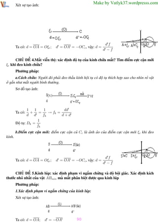 Phương pháp giải toán Vật Lý 12

Trường THPT - Phong Điền

Make by Vatlyk37.wordpresss.com

Xét sự tạo ảnh:

Ta có: d = OA = Oξc ;

d = OA = −OCc , vậy: d =

df
d −f

CHỦ ĐỀ 4.Mắt viễn thị: xác định độ tụ của kính chữa mắt? Tìm điểm cực cận mới
ξc khi đeo kính chữa?
Phương pháp:
a.Cách chữa: Người đó phải đeo thấu kính hội tụ có độ tụ thích hợp sao cho nhìn rỏ vật
ở gần như mắt người bình thường.
Sơ đồ tạo ảnh:

1
1
1
dd
+ =
→ fk =
d d
fk
d+d
1
Độ tụ: Dk =
fk
Ta có:

b.Điểm cực cận mới: điểm cực cận củ Cc là ảnh ảo của điểm cực cận mới ξc khi đeo
kính.

Ta có: d = OA = Oξc ;

d = OA = −OCc , vậy: d =

df
d −f

CHỦ ĐỀ 5.Kính lúp: xác định phạm vi ngắm chừng và độ bội giác. Xác định kích
thước nhỏ nhất của vật ABmin mà mắt phân biệt được qua kính lúp
Phương pháp:
1.Xác định phạm vi ngắm chừng của kính lúp:
Xét sự tạo ảnh:

Ta có: d = OA;
Th.s Trần AnhTrung

d = −OA

90
90

Luyện thi đại học

 