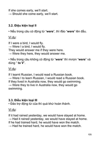105 
If she comes early, we’ll start. 
→ Should she come early, we’ll start. 
3.2. Điệu kiện loại II 
• Nếu trong câu có động từ “were”, thì đảo “were” lên đầu. 
Ví dụ: 
If I were a bird, I would fly. 
→ Were I a bird, I would fly. 
They would answer me if they were here. 
→ Were they here, they would answer me. 
• Nếu trong câu không có động từ “were” thì mượn “were” và 
dùng “ to V”. 
Ví dụ: 
If I learnt Russian, I would read a Russian book. 
→ Were I to learn Russian, I would read a Russian book. 
If they lived in Australia now, they would go swimming. 
→ Were they to live in Australia now, they would go 
swimming. 
3.3. Điều kiện loại III 
• Đảo trợ động từ của thì quá khứ hoàn thành. 
Ví dụ: 
If it had rained yesterday, we would have stayed at home. 
→ Had it rained yesterday, we would have stayed at home. 
If he had trained hard, he would have won the match. 
→ Had he trained hard, he would have won the match. 
 