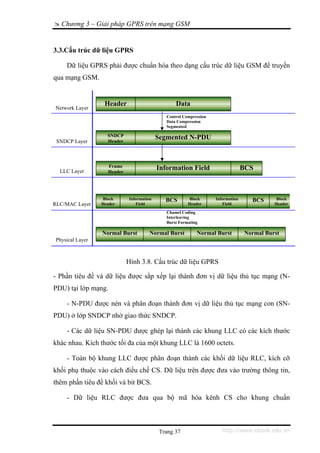 Chương 3 – Giải pháp GPRS trên mạng GSM


3.3.Cấu trúc dữ liệu GPRS

     Dữ liệu GPRS phải được chuẩn hóa theo dạng cấu trúc dữ liệu GSM để truyền
qua mạng GSM.


                   Header                         Data
Network Layer
                                              Control Compression
                                              Data Compression
                                              Segmented

                    SNDCP                  Segmented N-PDU
 SNDCP Layer        Header




                    Frame                  Information Field                      BCS
  LLC Layer         Header




                  Block      Information      BCS       Block       Information     BCS     Block
RLC/MAC Layer     Header         Field                  Header         Field                Header
                                              Chamel Coding
                                              Interleaving
                                              Burst Formating

                  Normal Burst         Normal Burst         Normal Burst          Normal Burst
 Physical Layer



                             Hình 3.8. Cấu trúc dữ liệu GPRS

- Phần tiêu đề và dữ liệu được sắp xếp lại thành đơn vị dữ liệu thủ tục mạng (N-
PDU) tại lớp mạng.

     - N-PDU được nén và phân đoạn thành đơn vị dữ liệu thủ tục mạng con (SN-
PDU) ở lớp SNDCP nhờ giao thức SNDCP.

     - Các dữ liệu SN-PDU được ghép lại thành các khung LLC có các kích thước
khác nhau. Kích thước tối đa của một khung LLC là 1600 octets.

     - Toàn bộ khung LLC được phân đoạn thành các khối dữ liệu RLC, kích cỡ
khối phụ thuộc vào cách điều chế CS. Dữ liệu trên được đưa vào trường thông tin,
thêm phần tiêu đề khối và bit BCS.

     - Dữ liệu RLC được đưa qua bộ mã hóa kênh CS cho khung chuẩn



                                            Trang 37                   http://www.ebook.edu.vn
 