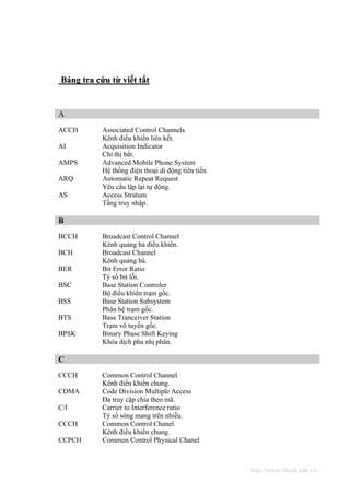 Bảng tra cứu từ viết tắt


A
ACCH       Associated Control Channels
           Kênh điều khiển liên kết.
AI         Acquisition Indicator
           Chỉ thị bắt.
AMPS       Advanced Mobile Phone System
           Hệ thống điện thoại di động tiên tiến.
ARQ        Automatic Repeat Request
           Yêu cầu lặp lại tự động.
AS         Access Stratum
           Tầng truy nhập.

B
BCCH       Broadcast Control Channel
           Kênh quảng bá điều khiển.
BCH        Broadcast Channel
           Kênh quảng bá.
BER        Bit Error Ratio
           Tỷ số bit lỗi.
BSC        Base Station Controler
           Bộ điều khiển trạm gốc.
BSS        Base Station Subsystem
           Phân hệ trạm gốc.
BTS        Base Tranceiver Station
           Trạm vô tuyến gốc.
BPSK       Binary Phase Shift Keying
           Khóa dịch pha nhị phân.

C
CCCH       Common Control Channel
           Kênh điều khiển chung.
CDMA       Code Division Multiple Access
           Đa truy cập chia theo mã.
C/I        Carrier to Interference ratio
           Tỷ số sóng mang trên nhiễu.
CCCH       Common Control Chanel
           Kênh điều khiển chung.
CCPCH      Common Control Physical Chanel



                                                    http://www.ebook.edu.vn
 