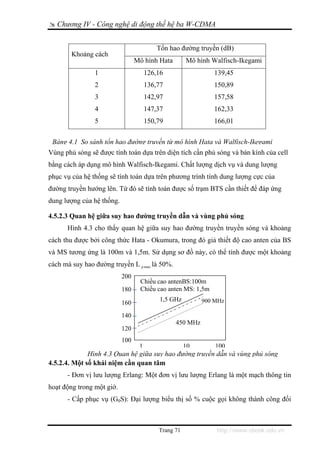 Chương IV - Công nghệ di động thế hệ ba W-CDMA


                                          Tổn hao đường truyền (dB)
        Khoảng cách
                                 Mô hình Hata        Mô hình Walfisch-Ikegami
                1                     126,16                 139,45
                2                     136,77                 150,89
                3                     142,97                 157,58
                4                     147,37                 162,33
                5                     150,79                 166,01

 Bảng 4.1 So sánh tổn hao đường truyền từ mô hình Hata và Walfisch-Ikegami
Vùng phủ sóng sẽ được tính toán dựa trên diện tích cần phủ sóng và bán kính của cell
bằng cách áp dụng mô hình Walfisch-Ikegami. Chất lượng dịch vụ và dung lượng
phục vụ của hệ thống sẽ tính toán dựa trên phương trình tính dung lượng cực của
đường truyền hướng lên. Từ đó sẽ tính toán được số trạm BTS cần thiết để đáp ứng
dung lượng của hệ thống.

4.5.2.3 Quan hệ giữa suy hao đường truyền dẫn và vùng phủ sóng
      Hình 4.3 cho thấy quan hệ giữa suy hao đường truyền truyền sóng và khoảng
cách thu được bởi công thức Hata - Okumura, trong đó giả thiết độ cao anten của BS
và MS tương ứng là 100m và 1,5m. Sử dụng sơ đồ này, có thể tính được một khoảng
cách mà suy hao đường truyền L p max là 50%.
                           200
                                  Chiều cao antenBS:100m
                           180    Chiều cao anten MS: 1,5m
                                          1,5 GHz         900 MHz
                           160
                           140
                                                450 MHz
                           120
                           100
                                  1          10         100
             Hình 4.3 Quan hệ giữa suy hao đường(km) dẫn và vùng phủ sóng
                                     Khoảng cách truyền
4.5.2.4. Một số khái niệm cần quan tâm
      - Đơn vị lưu lượng Erlang: Một đơn vị lưu lượng Erlang là một mạch thông tin
hoạt động trong một giờ.
      - Cấp phục vụ (G0S): Đại lượng biểu thị số % cuộc gọi không thành công đối



                                          Trang 71            http://www.ebook.edu.vn
 