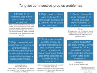 Recomendación
Antes de hacer Tonglen con uno mismo se recomienda asentar y
tranquilizar la mente con meditación de atención unipuntual o
Shamata por lo menos unos 7 minutos y si se puede una gática
de 24 minutos.
También es conveniente reﬂexionar en los Cuatro Pensamientos
que Orientan la Mente a la liberación (lo preciado de la vida
humana, la impermanencia, que está sujeta a causas y
consecuencias y la insatisfactoriedad de la existencia, lo cual es
el impulso o el punto de partida para el trabajo espiritual).
También sería conveniente revisar tu motivación de porqué haces
esta práctica y si tienes refugio en las Tres Joyas tomarlo. En caso
contrario simplimente revisa que tu motivaación sea lo más
positiva posible y en beneﬁcio de todos los seres genera amor y
compasión.
 