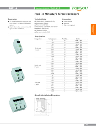 Standrad: IEC 60898
Plug-in Miniature Circuit Breakers
Description
=For protection against overload and
short circuits in ...