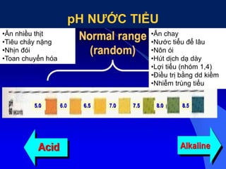 pH NƯỚC TIỂU
•Ăn nhiều thịt
•Tiêu chảy nặng
•Nhịn đói
•Toan chuyển hóa
•Ăn chay
•Nước tiểu để lâu
•Nôn ói
•Hút dịch dạ dày
•Lợi tiểu (nhóm 1,4)
•Điều trị bằng dd kiềm
•Nhiễm trùng tiểu
 