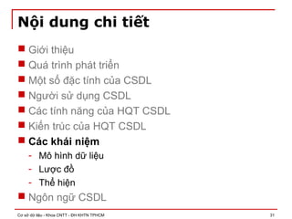 Cơ sở dữ liệu - Khoa CNTT - ĐH KHTN TPHCM 31
Nội dung chi tiết
 Giới thiệu
 Quá trình phát triển
 Một số đặc tính của CSDL
 Người sử dụng CSDL
 Các tính năng của HQT CSDL
 Kiến trúc của HQT CSDL
 Các khái niệm
- Mô hình dữ liệu
- Lược đồ
- Thể hiện
 Ngôn ngữ CSDL
 