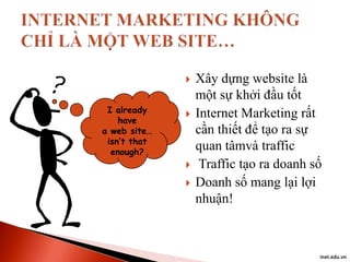 
I already
have
a web site…
isn’t that
enough?






Xây dựng website là
một sự khởi đầu tốt
Internet Marketing rất
cần thiết để tạo ra sự
quan tâmvà traffic
Traffic tạo ra doanh số
Doanh số mang lại lợi
nhuận!

inet.edu.vn

 