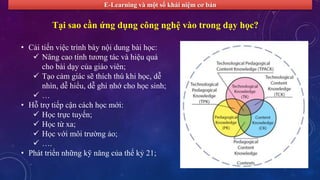 E-Learning và một số khái niệm cơ bản 
Tại sao cần ứng dụng công nghệ vào trong dạy học? 
• Cải tiến việc trình bày nội dung bài học: 
 Nâng cao tính tương tác và hiệu quả 
cho bài dạy của giáo viên; 
 Tạo cảm giác sẽ thích thú khi học, dễ 
nhìn, dễ hiểu, dễ ghi nhớ cho học sinh; 
 … 
• Hỗ trợ tiếp cận cách học mới: 
 Học trực tuyến; 
 Học từ xa; 
 Học với môi trường ảo; 
 …. 
• Phát triển những kỹ năng của thế kỷ 21; 
 