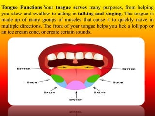 Tongue Functions:Your tongue serves many purposes, from helping
you chew and swallow to aiding in talking and singing. The tongue is
made up of many groups of muscles that cause it to quickly move in
multiple directions. The front of your tongue helps you lick a lollipop or
an ice cream cone, or create certain sounds.
 