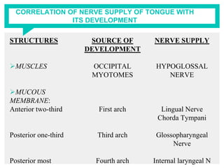 CORRELATION OF NERVE SUPPLY OF TONGUE WITH
ITS DEVELOPMENT
STRUCTURES
MUSCLES
MUCOUS
MEMBRANE:
Anterior two-third
Posterior one-third
Posterior most
SOURCE OF
DEVELOPMENT
OCCIPITAL
MYOTOMES
First arch
Third arch
Fourth arch
NERVE SUPPLY
HYPOGLOSSAL
NERVE
Lingual Nerve
Chorda Tympani
Glossopharyngeal
Nerve
Internal laryngeal N
 