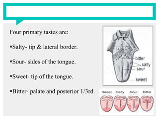 Four primary tastes are:
Salty- tip & lateral border.
Sour- sides of the tongue.
Sweet- tip of the tongue.
Bitter- palate and posterior 1/3rd.
 