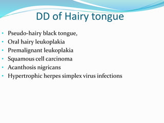 DD of Hairy tongue
• Pseudo-hairy black tongue,
• Oral hairy leukoplakia
• Premalignant leukoplakia
• Squamous cell carcinoma
• Acanthosis nigricans
• Hypertrophic herpes simplex virus infections
 