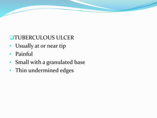 TUBERCULOUS ULCER
• Usually at or near tip
• Painful
• Small with a granulated base
• Thin undermined edges
 