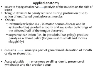 • Injury to hypoglossal nerve paralysis of the muscles on the side of
lesion
• Tongue deviates to paralyzed side during protrusion due to
action of unaffected genioglossus muscles
• Others
infranuclear lesion (i.e., in motor neuron disease and in
syringobulbia): gradual atrophy and muscular twitchings of
the affected half of the tongue observed
supranuclear lesion (i.e., in pesudobulbar palsy): produce
paralysis without palsy (tongue is stiff, small and moves
sluggishly)
• Glossitis usually a part of generalized ulceration of mouth
cavity or stomatitis.
• Acute glossitis enormous swelling due to presence of
lymphatics and rich areolar tissue
Applied anatomy
 