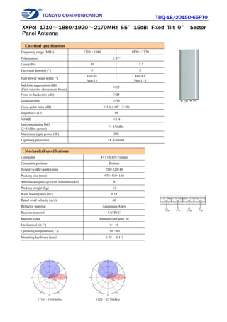 TONGYU COMMUNICATION TDQ-18/2015D-65PT0
1710～1880MHz 1920～2170MHz
Electrical specifications
Frequency range (MHz) 1710～1880 1920～2170
Polarization ±45°
Gain (dBi) 15 15.2
Electrical downtilt (°) 0 0
Half-power beam width (°)
Hor:68
Vert:13
Hor:63
Vert:11.5
Sidelobe suppression (dB)
(First sidelobe above main beam)
≥15
Front-to-back ratio (dB) ≥25
Isolation (dB) ≥30
Cross-polar ratio (dB) ≥15(±60°≥10)
Impedance (Ω) 50
VSWR ≤1.4
Intermodulation IM3
(2×43dBm carrier)
≤-150dBc
Maximum input power (W) 300
Lightning protection DC Ground
Mechanical specifications
Connector 4×7/16DIN-Female
Connector position Bottom
Height×width×depth (mm) 550×320×80
Packing size (mm) 975×410×160
Antenna weight (kg) (with installation kit) 9
Packing weight (kg) 11
Wind loading area (m²) 0.18
Rated wind velocity (m/s) 60
Reflector material Aluminum Alloy
Radome material UV PVC
Radome color Pantone cool gray 3u
Mechanical tilt (°) 0～10
Operating temperature (℃) -50～65
Mounting hardware (mm) φ50～φ115
XXPol 1710～1880/1920～2170MHz 65°15dBi Fixed Tilt 0° Sector
Panel Antenna
 