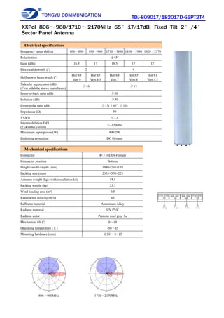 TONGYU COMMUNICATION TDJ-809017/182017D-65PT2T4
806～960MHz 1710～2170MHz
Electrical specifications
Frequency range (MHz) 806～890 890～960 1710～1880 1850～1990 1920～2170
Polarization ±45°
Gain (dBi) 16.5 17 16.5 17 17
Electrical downtilt (°) 2 4
Half-power beam width (°)
Hor:68
Vert:9
Hor:65
Vert:8.5
Hor:68
Vert:7
Hor:65
Vert:6
Hor:61
Vert:5.5
Sidelobe suppression (dB)
(First sidelobe above main beam)
≥16 ≥15
Front-to-back ratio (dB) ≥30
Isolation (dB) ≥30
Cross-polar ratio (dB) ≥15(±60°≥10)
Impedance (Ω) 50
VSWR ≤1.4
Intermodulation IM3
(2×43dBm carrier)
≤-150dBc
Maximum input power (W) 400/200
Lightning protection DC Ground
Mechanical specifications
Connector 4×7/16DIN-Female
Connector position Bottom
Height×width×depth (mm) 1980×268×138
Packing size (mm) 2355×370×225
Antenna weight (kg) (with installation kit) 18.5
Packing weight (kg) 23.5
Wind loading area (m²) 0.5
Rated wind velocity (m/s) 60
Reflector material Aluminum Alloy
Radome material UV PVC
Radome color Pantone cool gray 3u
Mechanical tilt (°) 0～10
Operating temperature (℃) -50～65
Mounting hardware (mm) φ50～φ115
XXPol 806～960/1710～2170MHz 65°17/17dBi Fixed Tilt 2°/4°
Sector Panel Antenna
 
