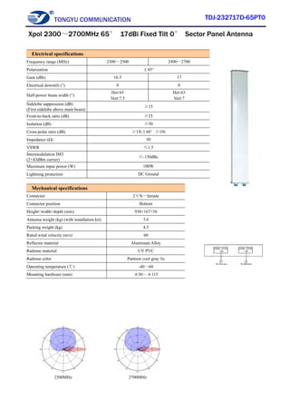 TONGYU COMMUNICATION TDJ-232717D-65PT0
2300MHz 2700MHz
Electrical specifications
Frequency range (MHz) 2300～2500 2490～2700
Polarization ±45°
Gain (dBi) 16.5 17
Electrical downtilt (°) 0 0
Half-power beam width (°)
Hor:65
Vert:7.5
Hor:63
Vert:7
Sidelobe suppression (dB)
(First sidelobe above main beam)
≥15
Front-to-back ratio (dB) ≥25
Isolation (dB) ≥30
Cross-polar ratio (dB) ≥15(±60°≥10)
Impedance (Ω) 50
VSWR ≤1.5
Intermodulation IM3
(2×43dBm carrier)
≤-150dBc
Maximum input power (W) 100W
Lightning protection DC Ground
Mechanical specifications
Connector 2×N－female
Connector position Bottom
Height×width×depth (mm) 930×167×56
Antenna weight (kg) (with installation kit) 3.6
Packing weight (kg) 4.5
Rated wind velocity (m/s) 60
Reflector material Aluminum Alloy
Radome material UV PVC
Radome color Pantone cool gray 3u
Operating temperature (℃) -40～60
Mounting hardware (mm) φ50～φ115
Xpol 2300～2700MHz 65° 17dBi Fixed Tilt 0° Sector Panel Antenna
 