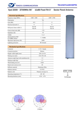 TONGYU COMMUNICATION TDJ-232711AM-90PTO
2300MHz 2700MHz
Electrical specifications
Frequency range (MHz) 2300～2500 2490～2700
Polarization Ver.
Gain (dBi) 10.5 11
Electrical downtilt (°) 0 0
Half-power beam width (°)
Hor:90
Vert:30
Hor:85
Vert:28
Front-to-back ratio (dB) ≥23
Impedance (Ω) 50
VSWR ≤1.5
Intermodulation IM3
(2×43dBm carrier)
≤-150dBc
Maximum input power (W) 100W
Lightning protection DC Ground
Mechanical specifications
Connector 1×N－female
Connector position Bottom
Height×width×depth (mm) 230×114×54
Packing size (mm) 310×170×130
Antenna weight (kg) (with installation kit) 1.2
Packing weight (kg) 1.7
Wind loading area (m²) 0.025
Rated wind velocity (m/s) 60
Reflector material Aluminum Alloy
Radome material UV PVC
Radome color Pantone cool gray 3u
Operating temperature (℃) -40～60
Mounting hardware (mm) φ30～φ70
Vpol 2300～2700MHz 90° 11dBi Fixed Tilt 0° Sector Panel Antenna
 
