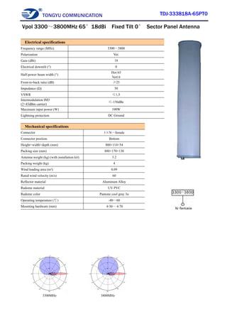 TONGYU COMMUNICATION TDJ-333818A-65PT0
3300MHz 3800MHz
Electrical specifications
Frequency range (MHz) 3300～3800
Polarization Ver.
Gain (dBi) 18
Electrical downtilt (°) 0
Half-power beam width (°)
Hor:65
Vert:6
Front-to-back ratio (dB) ≥25
Impedance (Ω) 50
VSWR ≤1.5
Intermodulation IM3
(2×43dBm carrier)
≤-150dBc
Maximum input power (W) 100W
Lightning protection DC Ground
Mechanical specifications
Connector 1×N－female
Connector position Bottom
Height×width×depth (mm) 800×114×54
Packing size (mm) 880×170×130
Antenna weight (kg) (with installation kit) 3.2
Packing weight (kg) 4
Wind loading area (m²) 0.09
Rated wind velocity (m/s) 60
Reflector material Aluminum Alloy
Radome material UV PVC
Radome color Pantone cool gray 3u
Operating temperature (℃) -40～60
Mounting hardware (mm) φ30～φ70
Vpol 3300～3800MHz 65°18dBi Fixed Tilt 0° Sector Panel Antenna
 