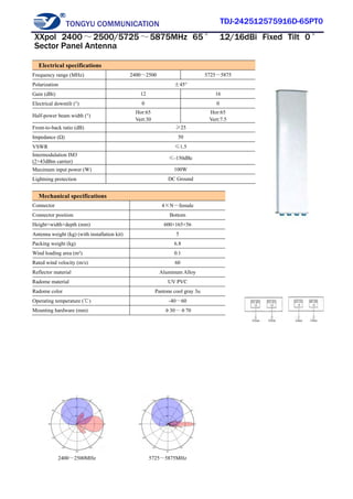 TONGYU COMMUNICATION TDJ-242512575916D-65PT0
2400～2500MHz 5725～5875MHz
Electrical specifications
Frequency range (MHz) 2400～2500 5725～5875
Polarization ±45°
Gain (dBi) 12 16
Electrical downtilt (°) 0 0
Half-power beam width (°)
Hor:65
Vert:30
Hor:65
Vert:7.5
Front-to-back ratio (dB) ≥25
Impedance (Ω) 50
VSWR ≤1.5
Intermodulation IM3
(2×43dBm carrier)
≤-150dBc
Maximum input power (W) 100W
Lightning protection DC Ground
Mechanical specifications
Connector 4×N－female
Connector position Bottom
Height×width×depth (mm) 600×165×56
Antenna weight (kg) (with installation kit) 5
Packing weight (kg) 6.8
Wind loading area (m²) 0.1
Rated wind velocity (m/s) 60
Reflector material Aluminum Alloy
Radome material UV PVC
Radome color Pantone cool gray 3u
Operating temperature (℃) -40～60
Mounting hardware (mm) φ30～φ70
XXpol 2400～2500/5725～5875MHz 65° 12/16dBi Fixed Tilt 0°
Sector Panel Antenna
 