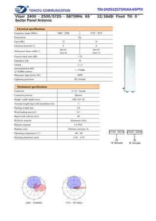TONGYU COMMUNICATION TDJ-242512575916A-65PT0
2400～2500MHz 5725～5875MHz
Electrical specifications
Frequency range (MHz) 2400～2500 5725～5875
Polarization Ver.
Gain (dBi) 12 16
Electrical downtilt (°) 0 0
Half-power beam width (°)
Hor:65
Vert:30
Hor:65
Vert:7.5
Front-to-back ratio (dB) ≥25
Impedance (Ω) 50
VSWR ≤1.5
Intermodulation IM3
(2×43dBm carrier)
≤-150dBc
Maximum input power (W) 100W
Lightning protection DC Ground
Mechanical specifications
Connector 2×N－female
Connector position Bottom
Height×width×depth (mm) 600×165×56
Antenna weight (kg) (with installation kit) 5
Packing weight (kg) 6.8
Wind loading area (m²) 0.1
Rated wind velocity (m/s) 60
Reflector material Aluminum Alloy
Radome material UV PVC
Radome color Pantone cool gray 3u
Operating temperature (℃) -40～60
Mounting hardware (mm) φ30～φ70
VVpol 2400～2500/5725～5875MHz 65° 12/16dBi Fixed Tilt 0°
Sector Panel Antenna
 
