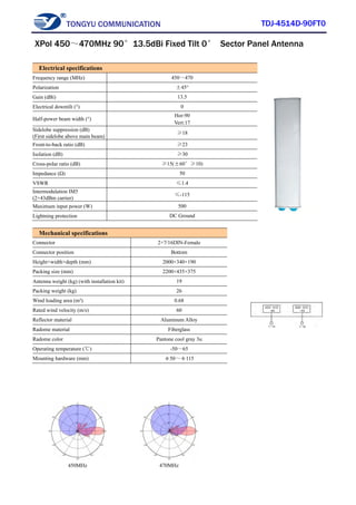 TONGYU COMMUNICATION TDJ-4514D-90FT0
450MHz 470MHz
Electrical specifications
Frequency range (MHz) 450～470
Polarization ±45°
Gain (dBi) 13.5
Electrical downtilt (°) 0
Half-power beam width (°)
Hor:90
Vert:17
Sidelobe suppression (dB)
(First sidelobe above main beam)
≥18
Front-to-back ratio (dB) ≥23
Isolation (dB) ≥30
Cross-polar ratio (dB) ≥15(±60°≥10)
Impedance (Ω) 50
VSWR ≤1.4
Intermodulation IM5
(2×43dBm carrier)
≤-115
Maximum input power (W) 500
Lightning protection DC Ground
Mechanical specifications
Connector 2×7/16DIN-Female
Connector position Bottom
Height×width×depth (mm) 2000×340×190
Packing size (mm) 2200×435×375
Antenna weight (kg) (with installation kit) 19
Packing weight (kg) 26
Wind loading area (m²) 0.68
Rated wind velocity (m/s) 60
Reflector material Aluminum Alloy
Radome material Fiberglass
Radome color Pantone cool gray 3u
Operating temperature (℃) -50～65
Mounting hardware (mm) φ50～φ115
XPol 450～470MHz 90°13.5dBi Fixed Tilt 0° Sector Panel Antenna
 