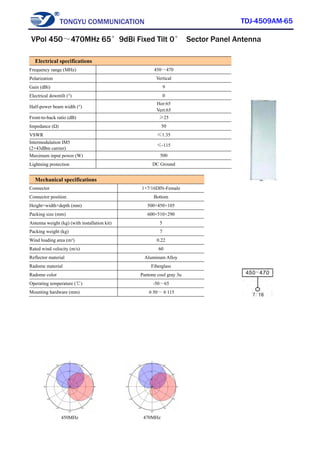 TONGYU COMMUNICATION TDJ-4509AM-65
450MHz 470MHz
Electrical specifications
Frequency range (MHz) 450～470
Polarization Vertical
Gain (dBi) 9
Electrical downtilt (°) 0
Half-power beam width (°)
Hor:65
Vert:65
Front-to-back ratio (dB) ≥25
Impedance (Ω) 50
VSWR ≤1.35
Intermodulation IM5
(2×43dBm carrier)
≤-115
Maximum input power (W) 500
Lightning protection DC Ground
Mechanical specifications
Connector 1×7/16DIN-Female
Connector position Bottom
Height×width×depth (mm) 500×450×105
Packing size (mm) 600×510×290
Antenna weight (kg) (with installation kit) 5
Packing weight (kg) 7
Wind loading area (m²) 0.22
Rated wind velocity (m/s) 60
Reflector material Aluminum Alloy
Radome material Fiberglass
Radome color Pantone cool gray 3u
Operating temperature (℃) -50～65
Mounting hardware (mm) φ50～φ115
VPol 450～470MHz 65°9dBi Fixed Tilt 0° Sector Panel Antenna
 