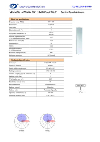 TONGYU COMMUNICATION TDJ-4512AM-65FT0
450MHz 470MHz
Electrical specifications
Frequency range (MHz) 450～470
Polarization Vvertical
Gain (dBi) 12
Electrical downtilt (°) 0
Half-power beam width (°)
Hor:65
Vert:30
Sidelobe suppression (dB)
(First sidelobe above main beam)
≥12
Front-to-back ratio (dB) ≥25
Impedance (Ω) 50
VSWR ≤1.4
Intermodulation IM5
(2×43dBm carrier)
≤-115
Maximum input power (W) 500
Lightning protection DC Ground
Mechanical specifications
Connector 1×7/16DIN-Female
Connector position Bottom
Height×width×depth (mm) 970×450×105
Packing size (mm) 1070×510×290
Antenna weight (kg) (with installation kit) 10
Packing weight (kg) 12
Wind loading area (m²) 0.43
Rated wind velocity (m/s) 60
Reflector material Aluminum Alloy
Radome material Fiberglass
Radome color Pantone cool gray 3u
Operating temperature (℃) -50～65
Mounting hardware (mm) φ50～φ115
VPol 450～470MHz 65°12dBi Fixed Tilt 0° Sector Panel Antenna
 
