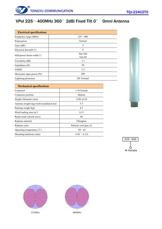 TONGYU COMMUNICATION TQJ-22402T0
225MHz 400MHz
Electrical specifications
Frequency range (MHz) 225～400
Polarization Vertical
Gain (dBi) 2
Electrical downtilt (°) 0
Half-power beam width (°)
Hor:360
Vert:50
Circularity (dB) ±1
Impedance (Ω) 50
VSWR ≤2
Maximum input power (W) 500
Lightning protection DC Ground
Mechanical specifications
Connector 1×N-Female
Connector position Bottom
Height×Diameter (mm) 1120×φ124
Antenna weight (kg) (with installation kit) 5.5
Packing weight (kg) 8.5
Wind loading area (m²) 0.15
Rated wind velocity (m/s) 60
Radome material Fiberglass
Radome color Pantone cool gray 3u
Operating temperature (℃) -50～65
Mounting hardware (mm) φ50～φ115
VPol 225～400MHz 360°2dBi Fixed Tilt 0° Omni Antenna
 