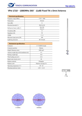 TONGYU COMMUNICATION TQJ-1811Tx
1710MHz 1880MHz
Electrical specifications
Frequency range (MHz) 1710～1880
Polarization Vertical
Gain (dBi) 11
Electrical downtilt (°) X(0,3,6,10)
Half-power beam width (°)
Hor:360
Vert:6.5
Circularity (dB) ±1
Impedance (Ω) 50
VSWR ≤1.5
Maximum input power (W) 300
Lightning protection DC Ground
Mechanical specifications
Connector 1×7/16DIN-Female
Connector position Bottom
Height×Diameter (mm) 1800×φ65
Antenna weight (kg) (with installation kit) 6.5
Packing weight (kg) 10.5
Wind loading area (m²) 0.16
Rated wind velocity (m/s) 60
Radome material Fiberglass
Radome color Pantone cool gray 3u
Operating temperature (℃) -50～65
Mounting hardware (mm) φ50～φ115
VPol 1710～1880MHz 360°11dBi Fixed Tilt x Omni Antenna
 
