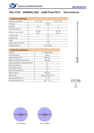 TONGYU COMMUNICATION TQJ-181911T0
1710～1880MHz 1850～1990MHz
Electrical specifications
Frequency range (MHz) 1710～1880 1850～1990
Polarization Vertical
Gain (dBi) 10.5 11
Electrical downtilt (°) 0 0
Half-power beam width (°)
Hor:360
Vert:7
Hor:360
Vert:6.5
Circularity (dB) ±0.5
Impedance (Ω) 50
VSWR ≤1.5
Maximum input power (W) 100
Lightning protection DC Ground
Mechanical specifications
Connector 1×7/16DIN-Female
Connector position Bottom
Height×Diameter (mm) 1800×φ65
Packing size Height×Diameter (mm) 2060×φ85
Antenna weight (kg) (with installation kit) 4.3
Packing weight (kg) 8.5
Wind loading area (m²) 0.12
Rated wind velocity (m/s) 60
Radome material Fiberglass
Radome color Pantone cool gray 3u
Operating temperature (℃) -50～65
Mounting hardware (mm) φ50～φ115
VPol 1710～1990MHz 360°11dBi Fixed Tilt 0° Omni Antenna
 