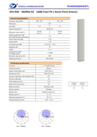 TONGYU COMMUNICATION TDJ-809018DM-65FTx
806～890MHz 890～960MHz
Electrical specifications
Frequency range (MHz) 806～890 890～960
Polarization ±45°
Gain (dBi) 17.5 18
Electrical downtilt (°) X(0,3,6,9)
Half-power beam width (°)
Hor:68
Vert:7.5
Hor:65
Vert:7
Sidelobe suppression (dB)
(First sidelobe above main beam)
≥16
Front-to-back ratio (dB) ≥30
Isolation (dB) ≥30
Cross-polar ratio (dB) ≥15(±60°≥10)
Impedance (Ω) 50
VSWR ≤1.4
Intermodulation IM3
(2×43dBm carrier)
≤-150dBc
Maximum input power (W) 500
Lightning protection DC Ground
Mechanical specifications
Connector 2×7/16DIN-Female
Connector position Bottom
Height×width×depth (mm) 2580×280×85
Packing size (mm) 2905×370×180
Antenna weight (kg) (with installation kit) 24.5
Packing weight (kg) 30
Wind loading area (m²) 0.72
Rated wind velocity (m/s) 60
Reflector material Aluminum Alloy
Radome material Fiberglass
Radome color Pantone cool gray 3u
Mechanical tilt (°) 0～10
Operating temperature (℃) -50～65
Mounting hardware (mm) φ50～φ115
XPol 806～960MHz 65°18dBi Fixed Tilt x Sector Panel Antenna
 