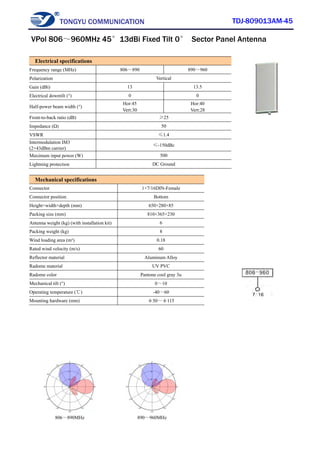 TONGYU COMMUNICATION TDJ-809013AM-45
806～890MHz 890～960MHz
Electrical specifications
Frequency range (MHz) 806～890 890～960
Polarization Vertical
Gain (dBi) 13 13.5
Electrical downtilt (°) 0 0
Half-power beam width (°)
Hor:45
Vert:30
Hor:40
Vert:28
Front-to-back ratio (dB) ≥25
Impedance (Ω) 50
VSWR ≤1.4
Intermodulation IM3
(2×43dBm carrier)
≤-150dBc
Maximum input power (W) 500
Lightning protection DC Ground
Mechanical specifications
Connector 1×7/16DIN-Female
Connector position Bottom
Height×width×depth (mm) 650×280×85
Packing size (mm) 810×365×230
Antenna weight (kg) (with installation kit) 6
Packing weight (kg) 8
Wind loading area (m²) 0.18
Rated wind velocity (m/s) 60
Reflector material Aluminum Alloy
Radome material UV PVC
Radome color Pantone cool gray 3u
Mechanical tilt (°) 0～10
Operating temperature (℃) -40～60
Mounting hardware (mm) φ50～φ115
VPol 806～960MHz 45°13dBi Fixed Tilt 0° Sector Panel Antenna
 
